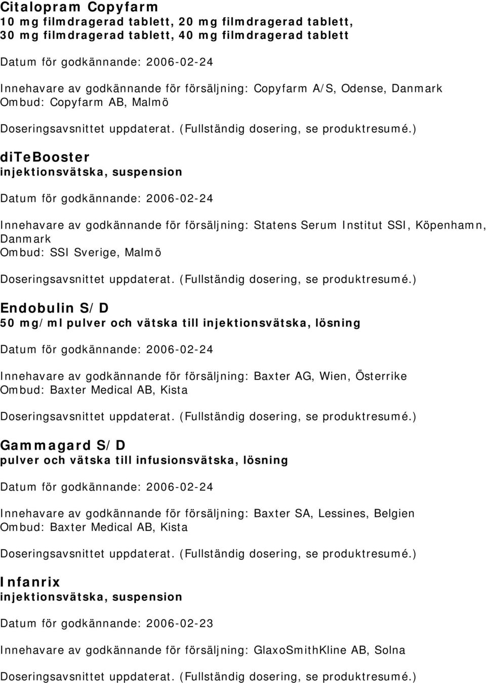 Endobulin S/D 50 mg/ml pulver och vätska till injektionsvätska, lösning Innehavare av godkännande för försäljning: Baxter AG, Wien, Österrike Ombud: Baxter Medical AB, Kista Gammagard S/D pulver och