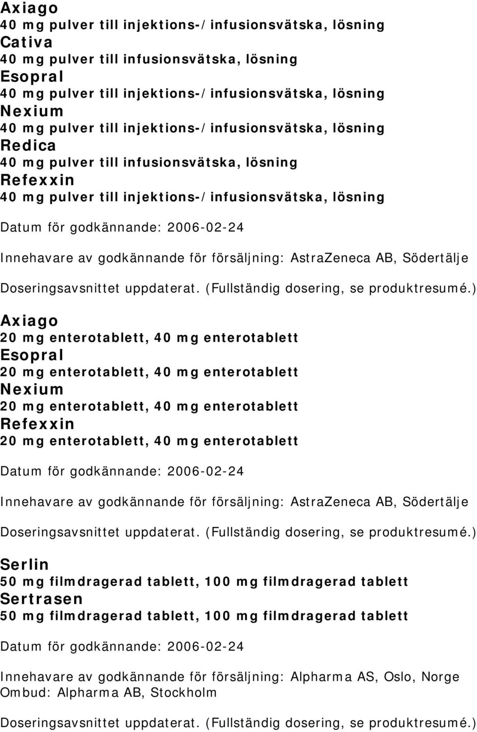 enterotablett Refexxin 20 mg enterotablett, 40 mg enterotablett Innehavare av godkännande för försäljning: AstraZeneca AB, Södertälje Serlin 50 mg filmdragerad tablett, 100