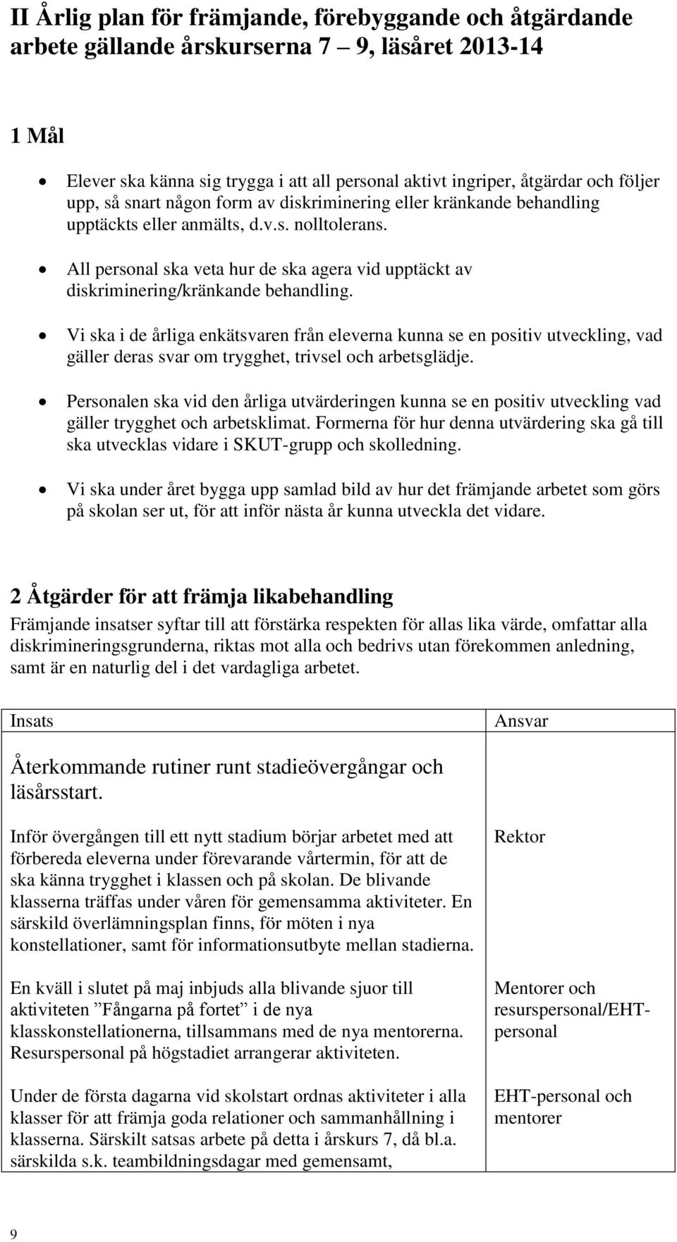 All personal ska veta hur de ska agera vid upptäckt av diskriminering/kränkande behandling.