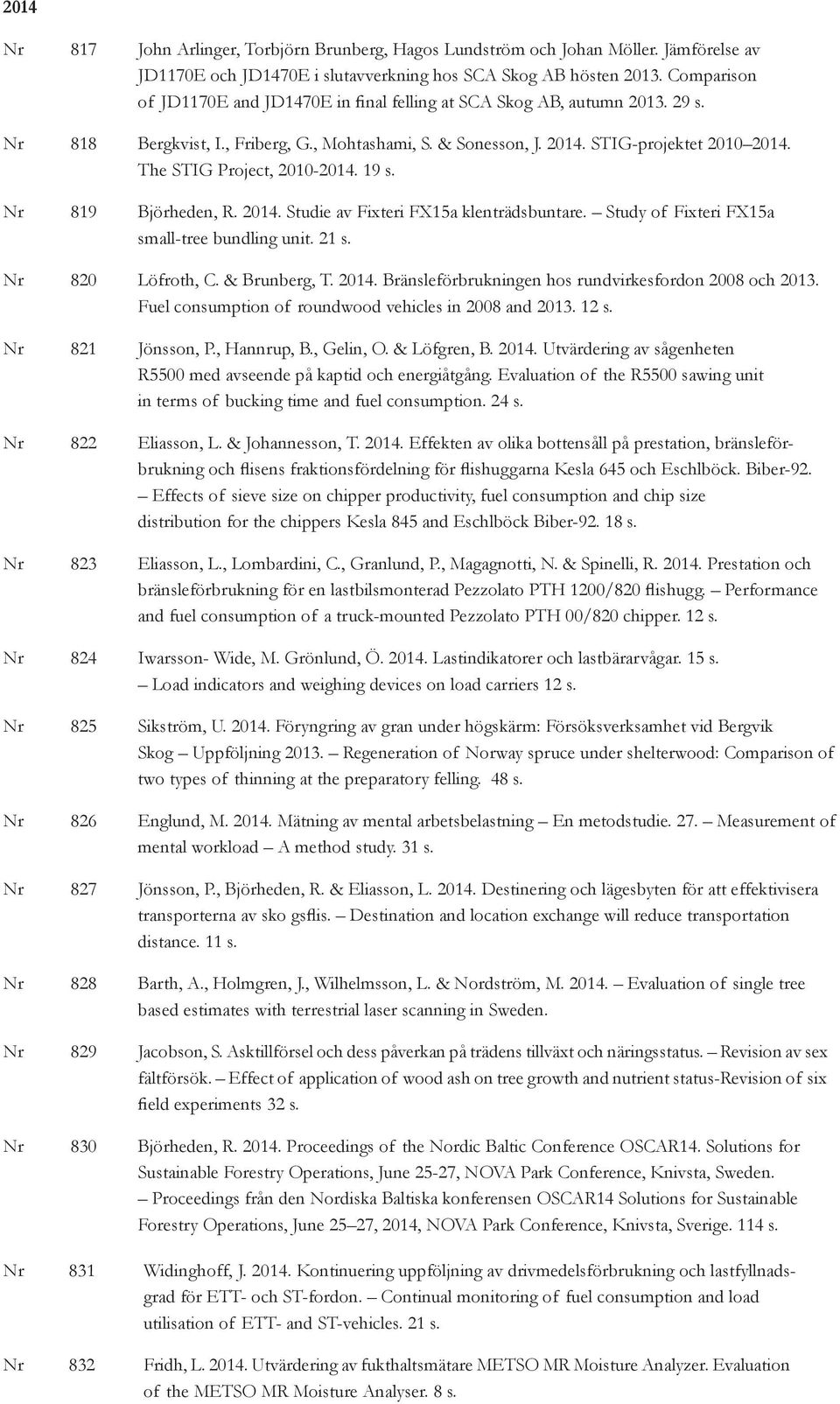 The STIG Project, 2010-2014. 19 s. Nr 819 Björheden, R. 2014. Studie av Fixteri FX15a klenträdsbuntare. Study of Fixteri FX15a small-tree bundling unit. 21 s. Nr 820 Löfroth, C. & Brunberg, T. 2014. Bränsleförbrukningen hos rundvirkesfordon 2008 och 2013.