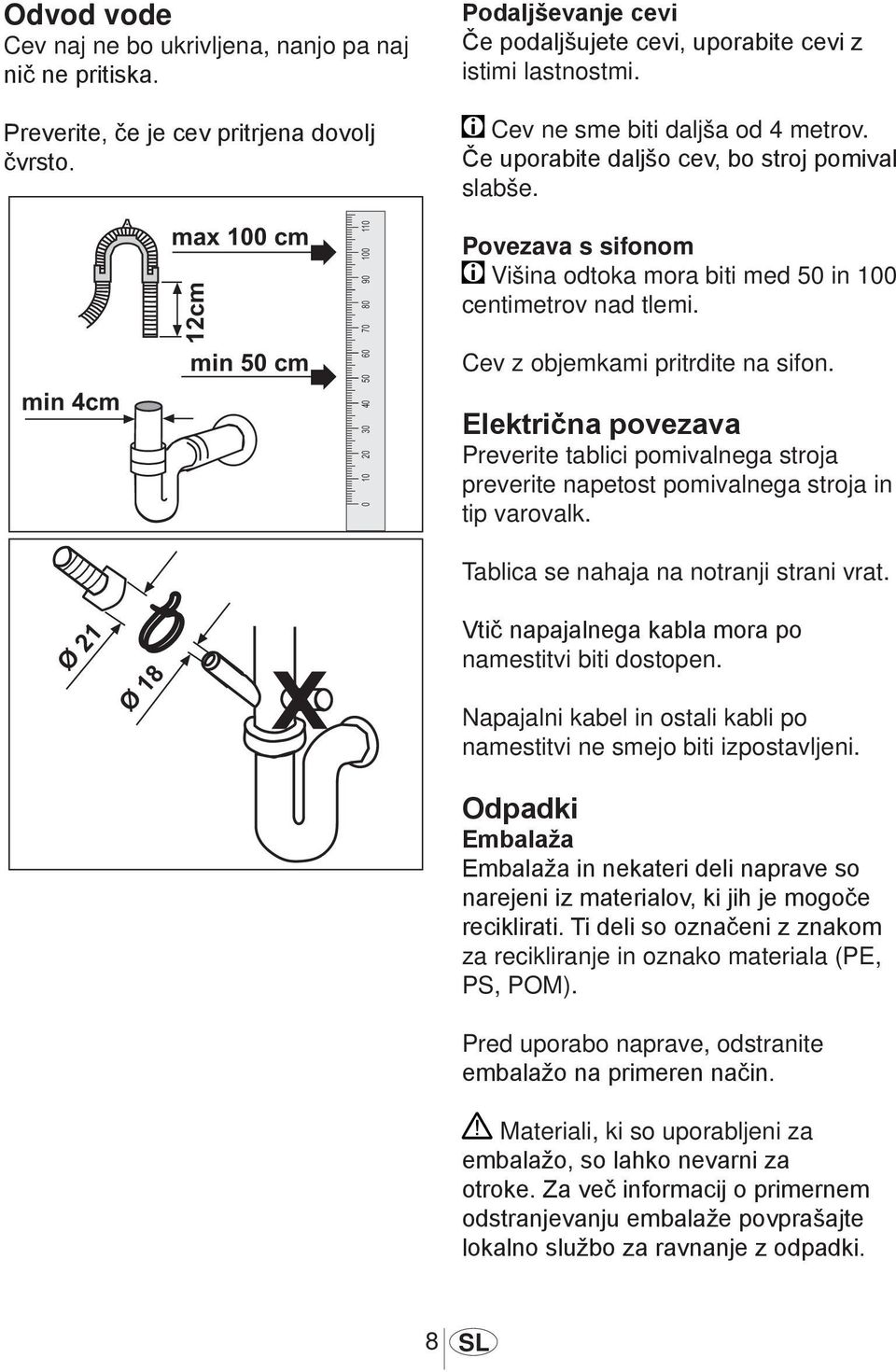 Cev z objemkami pritrdite na sifon. Električna povezava Preverite tablici pomivalnega stroja preverite napetost pomivalnega stroja in tip varovalk. Tablica se nahaja na notranji strani vrat.