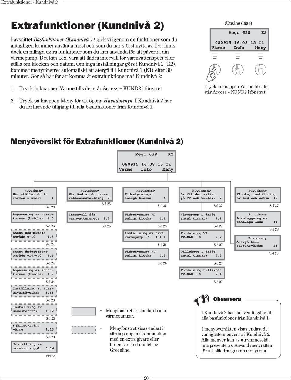 Om inga inställningar görs i Kundnivå 2 (K2), kommer menyfönstret automatiskt att återgå till Kundnivå 1 (K1) efter 30 minuter. Gör så här för att komma åt extrafunktionerna i Kundnivå 2: 1.
