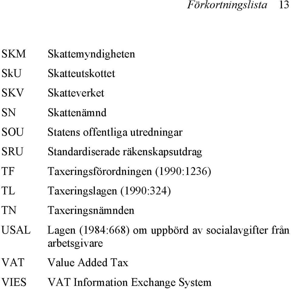 Taxeringsförordningen (1990:1236) TL Taxeringslagen (1990:324) TN Taxeringsnämnden USAL Lagen