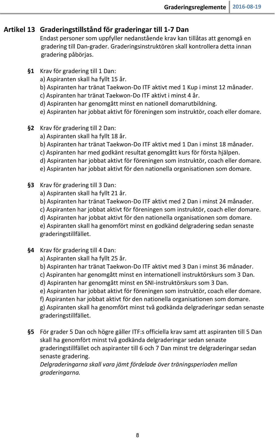 b) Aspiranten har tränat Taekwon-Do ITF aktivt med 1 Kup i minst 12 månader. c) Aspiranten har tränat Taekwon-Do ITF aktivt i minst 4 år.