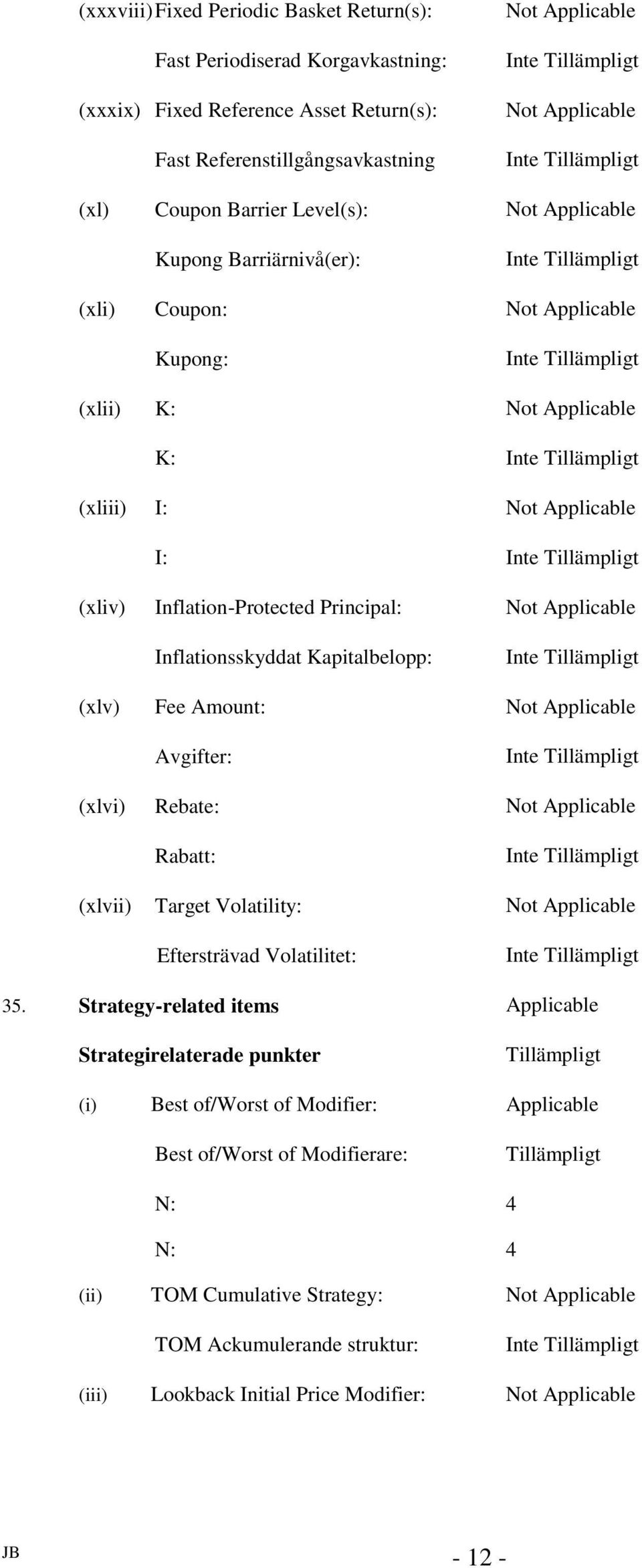 Applicable Inflationsskyddat Kapitalbelopp: (xlv) Fee Amount: Not Applicable Avgifter: (xlvi) Rebate: Not Applicable Rabatt: (xlvii) Target Volatility: Not Applicable Eftersträvad Volatilitet: 35.