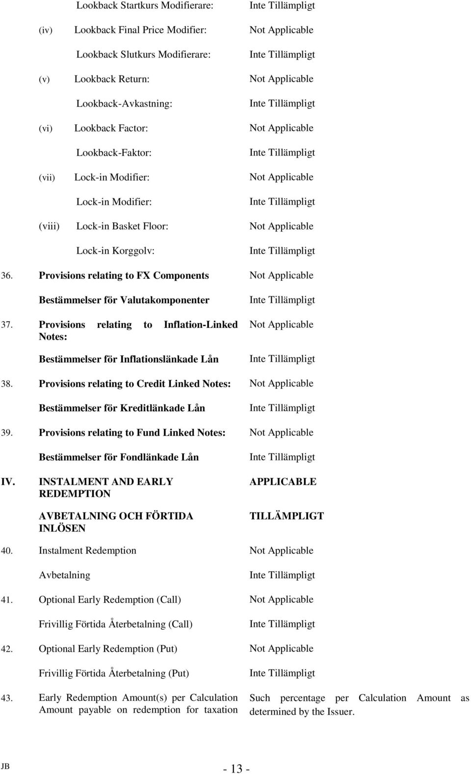 Provisions relating to FX Components Not Applicable Bestämmelser för Valutakomponenter 37. Provisions relating to Inflation-Linked Notes: Bestämmelser för Inflationslänkade Lån Not Applicable 38.