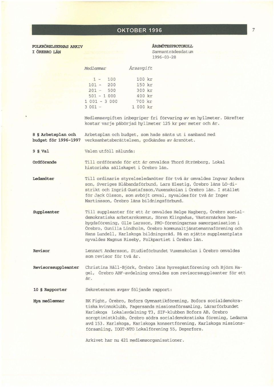 8 Arbetsplan och Arbetsplan och budget, som hade sänts ut i samband med budget för 1996-1997 verksamhetsberättelsen, godkändes av årsmötet.