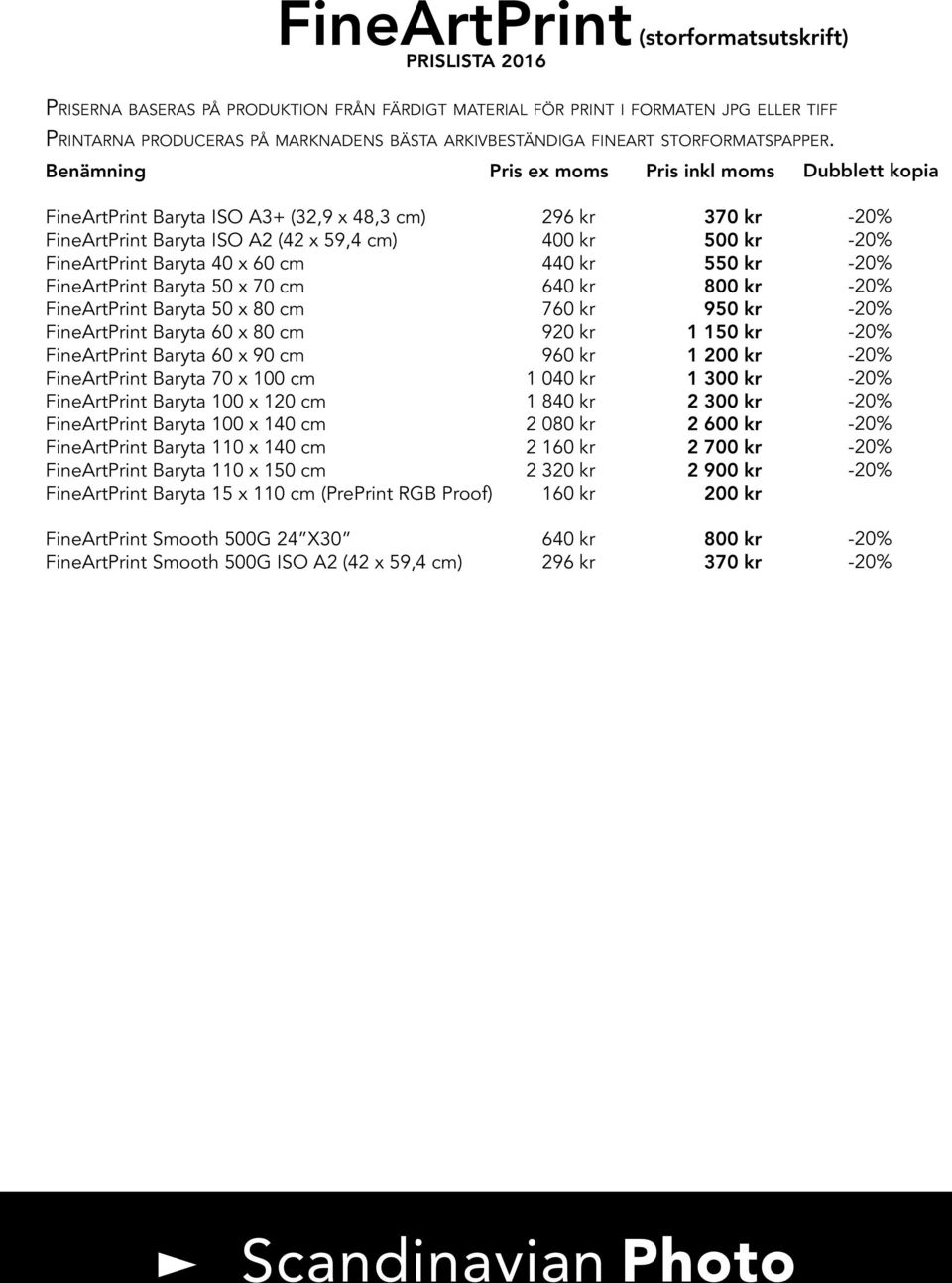 Pris ex moms Pris inkl moms Dubblett kopia FineArtPrint Baryta ISO A3+ (32,9 x 48,3 cm) FineArtPrint Baryta ISO A2 (42 x 59,4 cm) FineArtPrint Baryta 40 x 60 cm FineArtPrint Baryta 50 x 70 cm