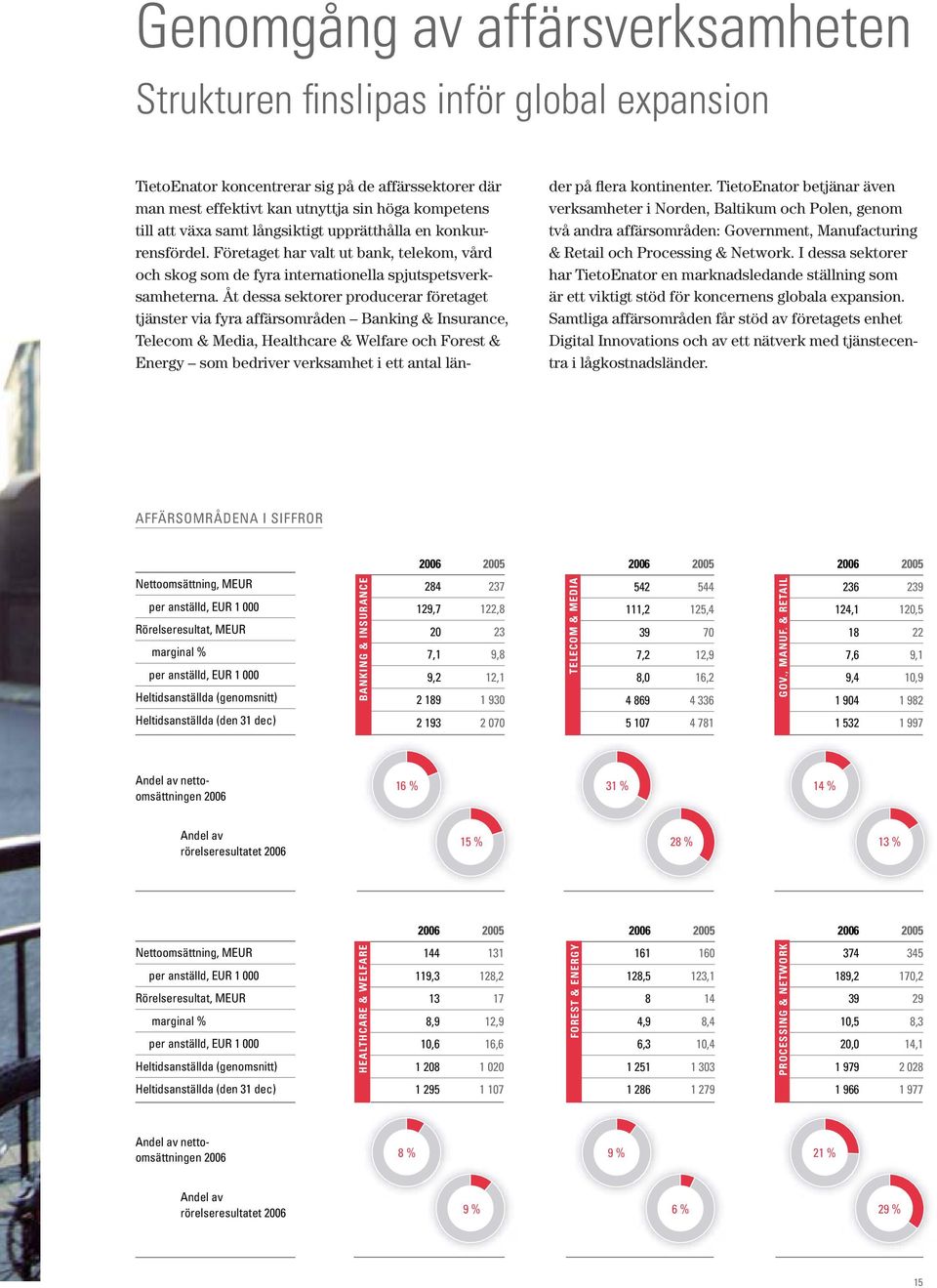 Åt dessa sektorer producerar företaget tjänster via fyra affärsområden Banking & Insurance, Telecom & Media, Healthcare & Welfare och Forest & Energy som bedriver verksamhet i ett antal länder på