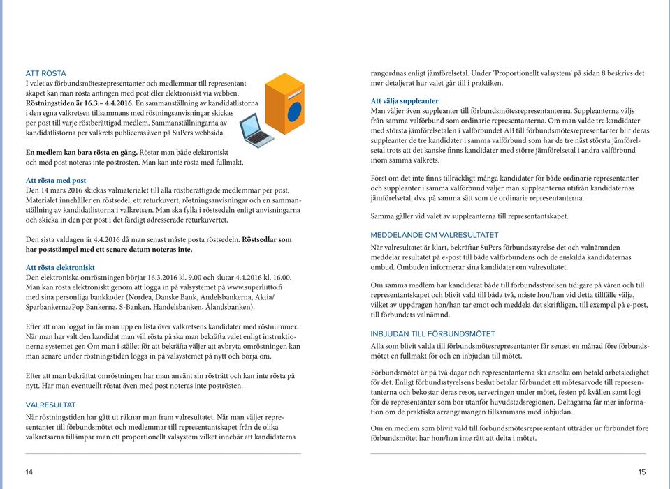 Sammanställningarna av kandidatlistorna per valkrets publiceras även på SuPers webbsida. En medlem kan bara rösta en gång. Röstar man både elektroniskt och med post noteras inte poströsten.