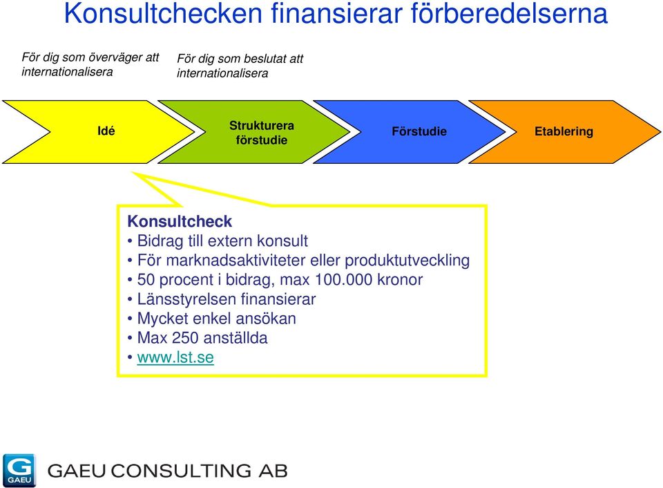 Bidrag till extern konsult För marknadsaktiviteter eller produktutveckling 50 procent i bidrag,