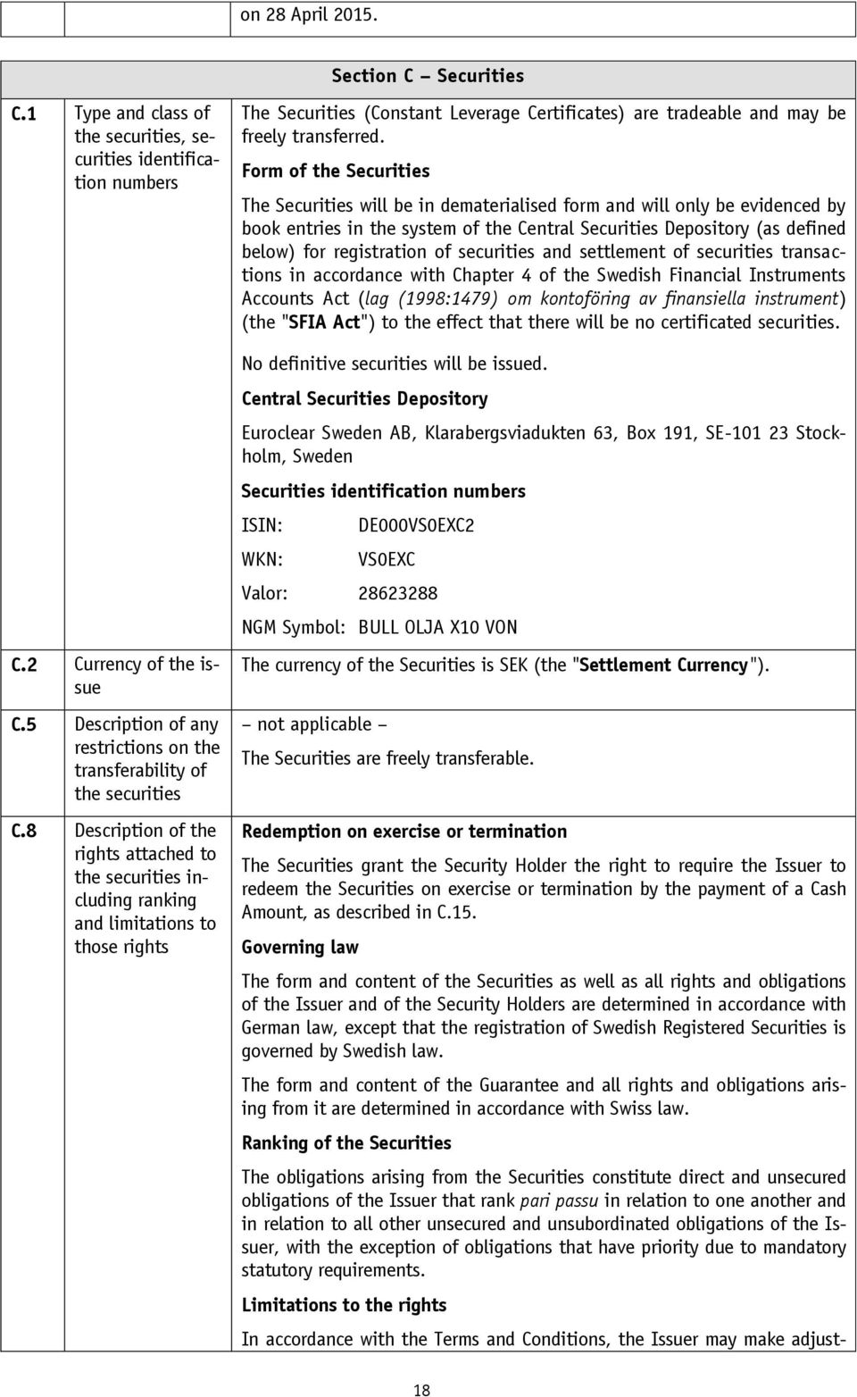 8 Description of the rights attached to the securities including ranking and limitations to those rights The Securities (Constant Leverage Certificates) are tradeable and may be freely transferred.