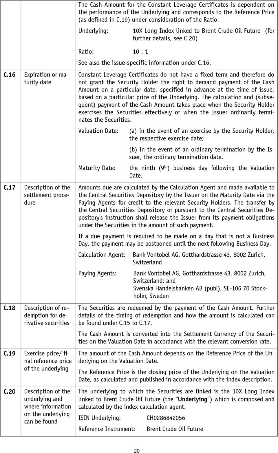 18 Description of redemption for derivative securities C.19 Exercise price/ final reference price of the underlying C.