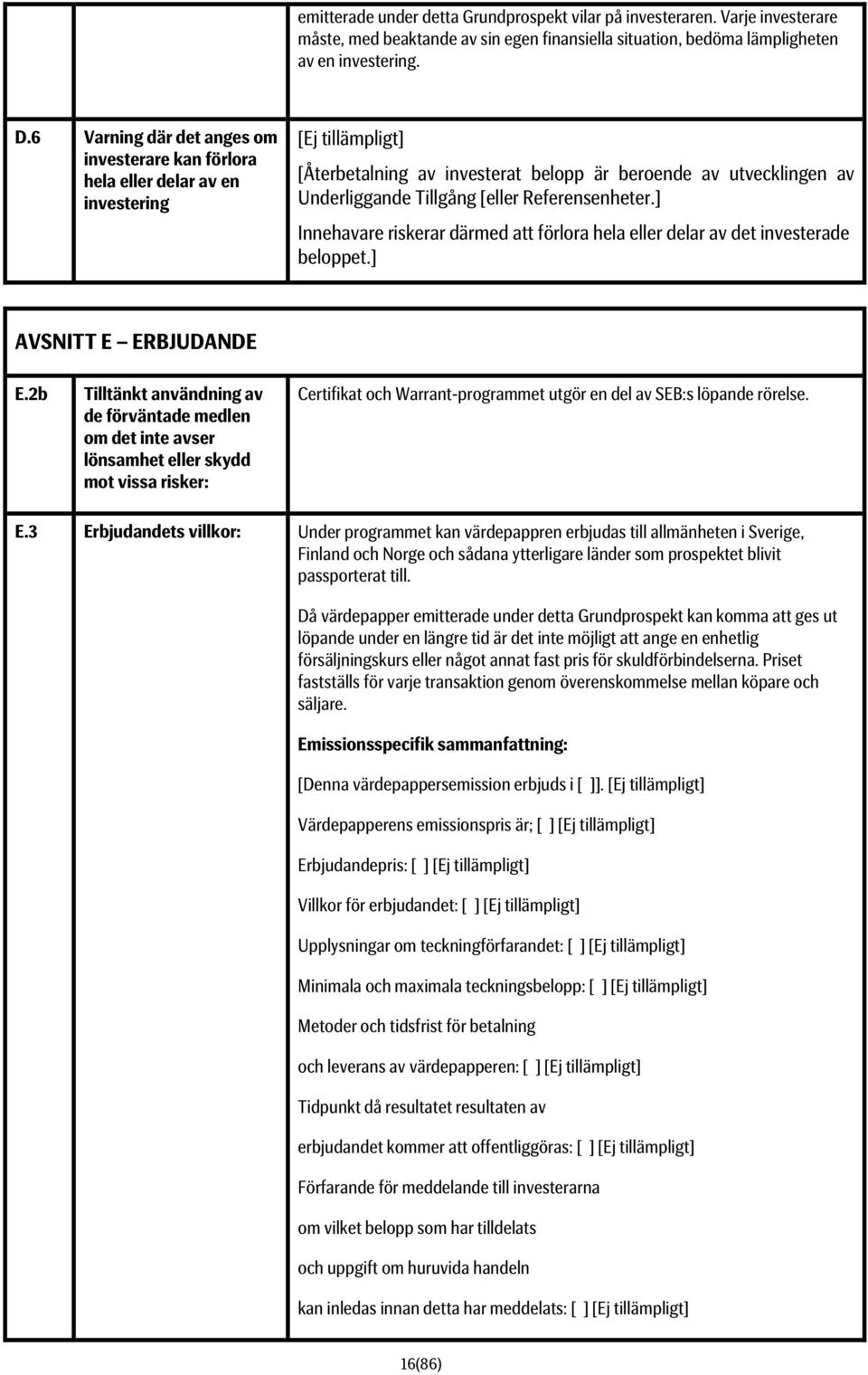 Referensenheter.] Innehavare riskerar därmed att förlora hela eller delar av det investerade beloppet.] AVSNITT E ERBJUDANDE E.