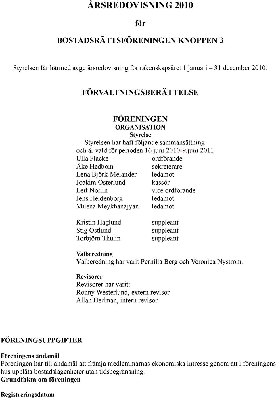 juni 2011 Ulla Flacke ordförande Åke Hedbom sekreterare Lena Björk-Melander ledamot Joakim Österlund kassör Leif Norlin vice ordförande Jens Heidenborg ledamot Milena Meykhanajyan ledamot Kristin