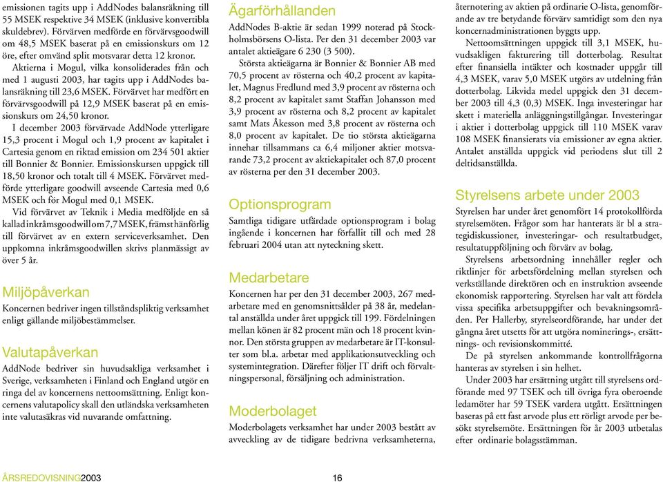 Aktierna i Mogul, vilka konsoliderades från och med 1 augusti 2003, har tagits upp i AddNodes balansräkning till 23,6 MSEK.