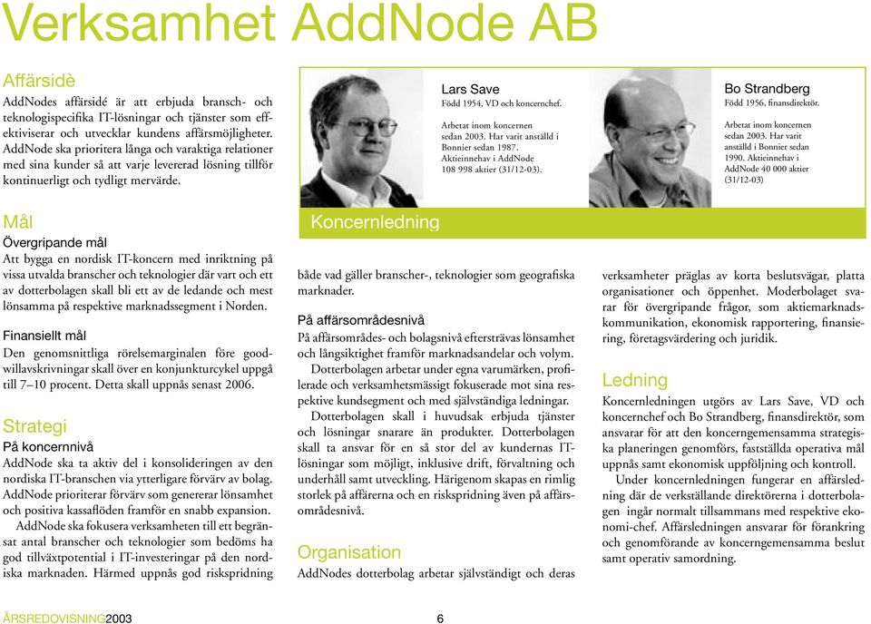 Arbetat inom koncernen sedan 2003. Har varit anställd i Bonnier sedan 1987. Aktieinnehav i AddNode 108 998 aktier (31/12-03). Bo Strandberg Född 1956, finansdirektör.