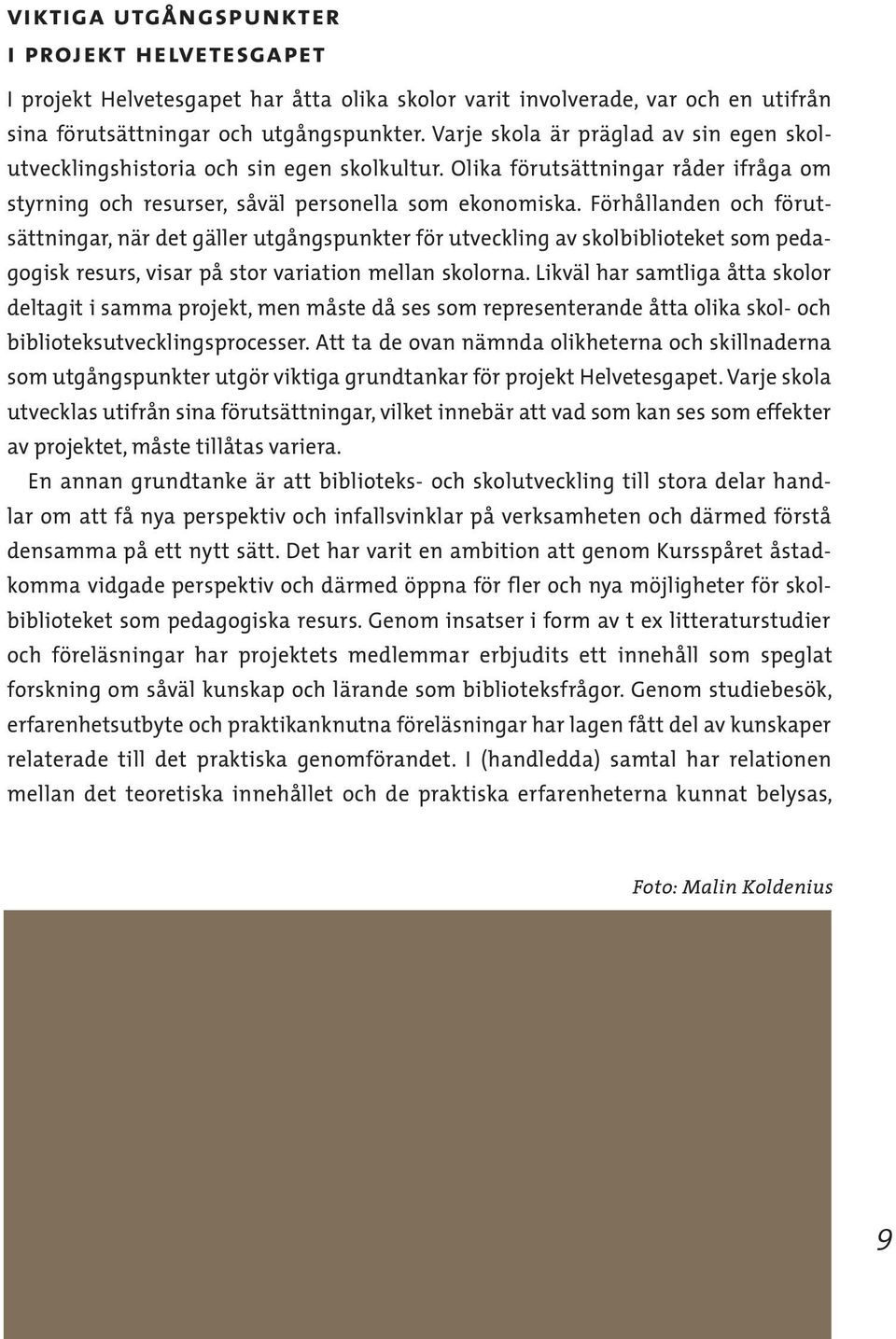 Förhållanden och förutsättningar, när det gäller utgångspunkter för utveckling av skolbiblioteket som pedagogisk resurs, visar på stor variation mellan skolorna.