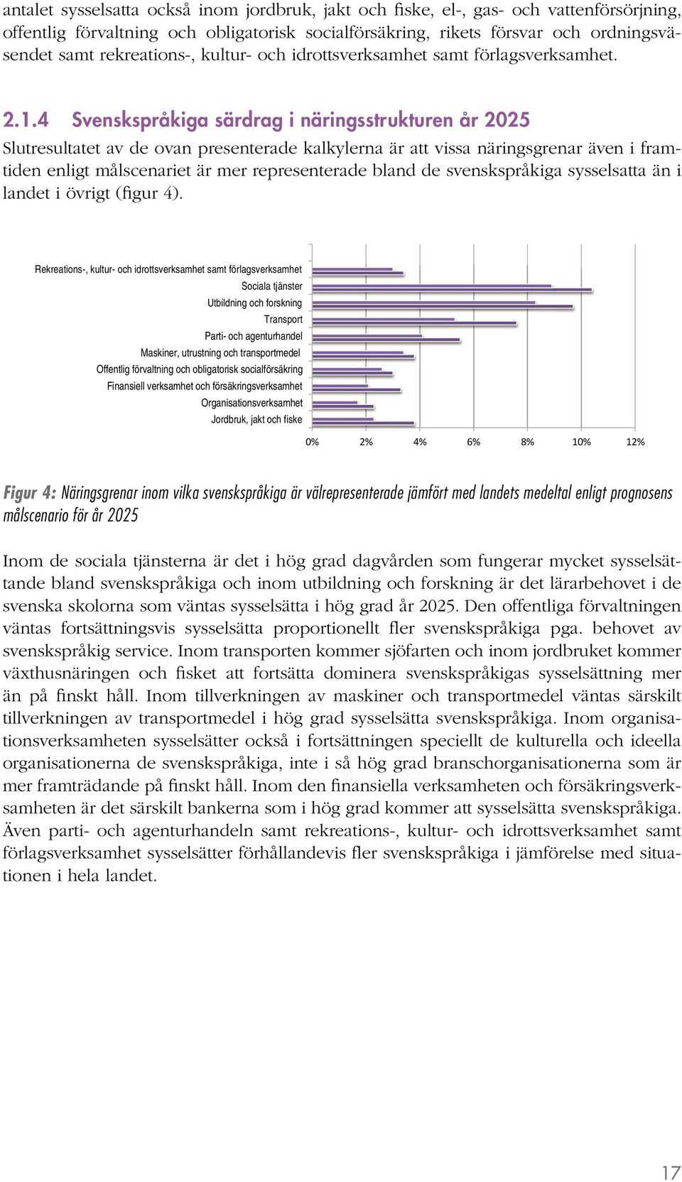 4 Svenskspråkiga särdrag i näringsstrukturen år 2025 Slutresultatet av de ovan presenterade kalkylerna är att vissa näringsgrenar även i framtiden enligt målscenariet är mer representerade bland de