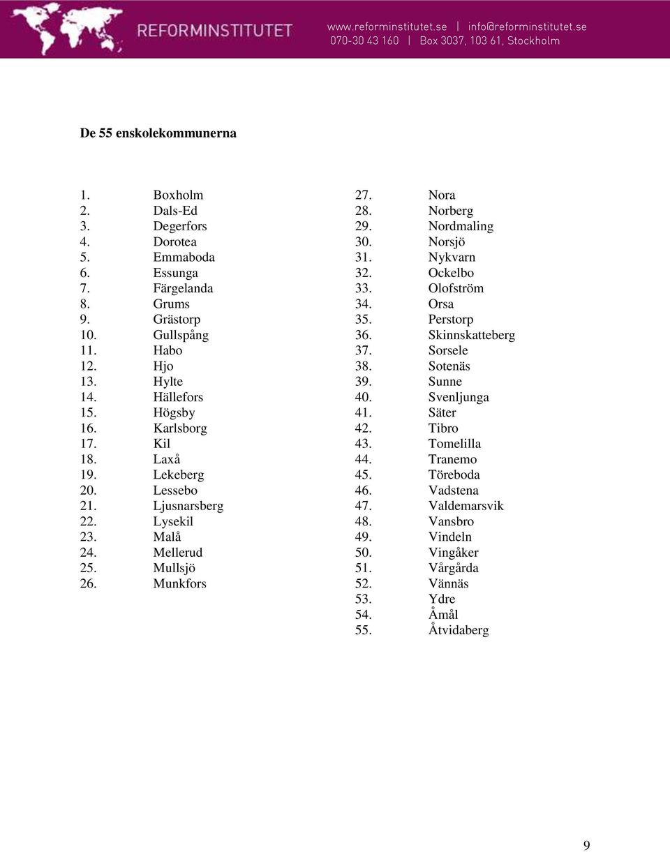 Norberg 29. Nordmaling 30. Norsjö 31. Nykvarn 32. Ockelbo 33. Olofström 34. Orsa 35. Perstorp 36. Skinnskatteberg 37. Sorsele 38. Sotenäs 39. Sunne 40. Svenljunga 41.