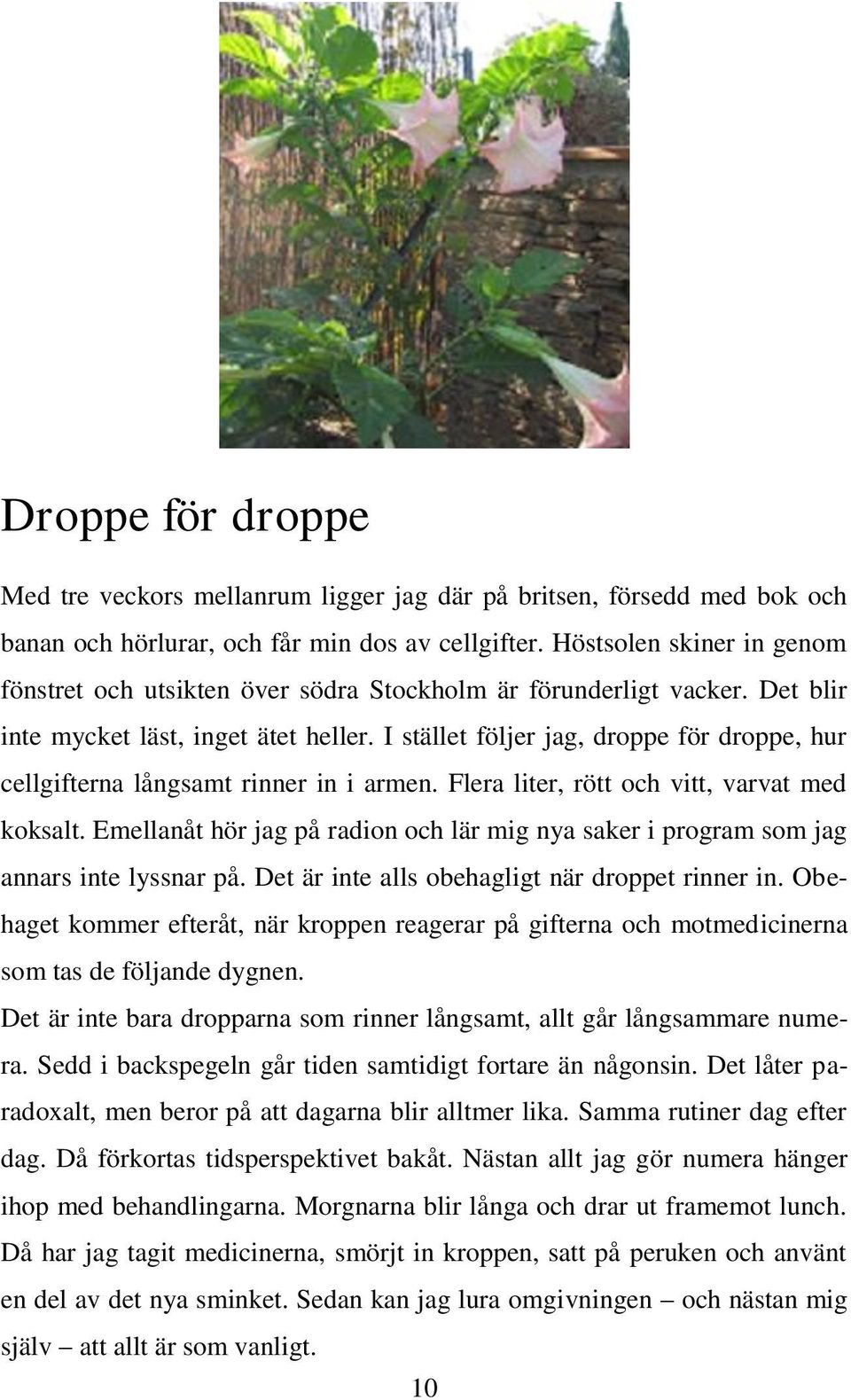 I stället följer jag, droppe för droppe, hur cellgifterna långsamt rinner in i armen. Flera liter, rött och vitt, varvat med koksalt.