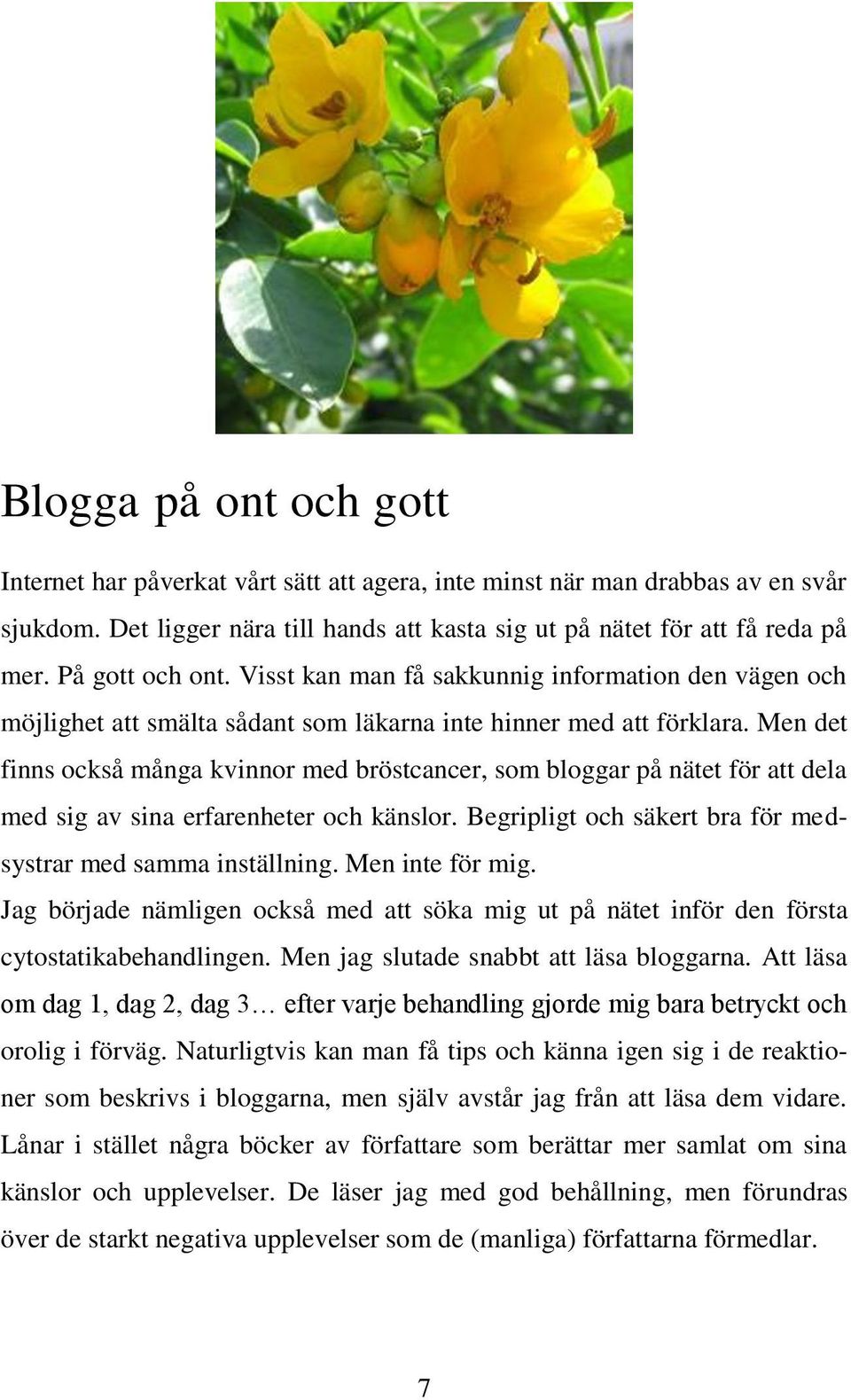 Men det finns också många kvinnor med bröstcancer, som bloggar på nätet för att dela med sig av sina erfarenheter och känslor. Begripligt och säkert bra för medsystrar med samma inställning.