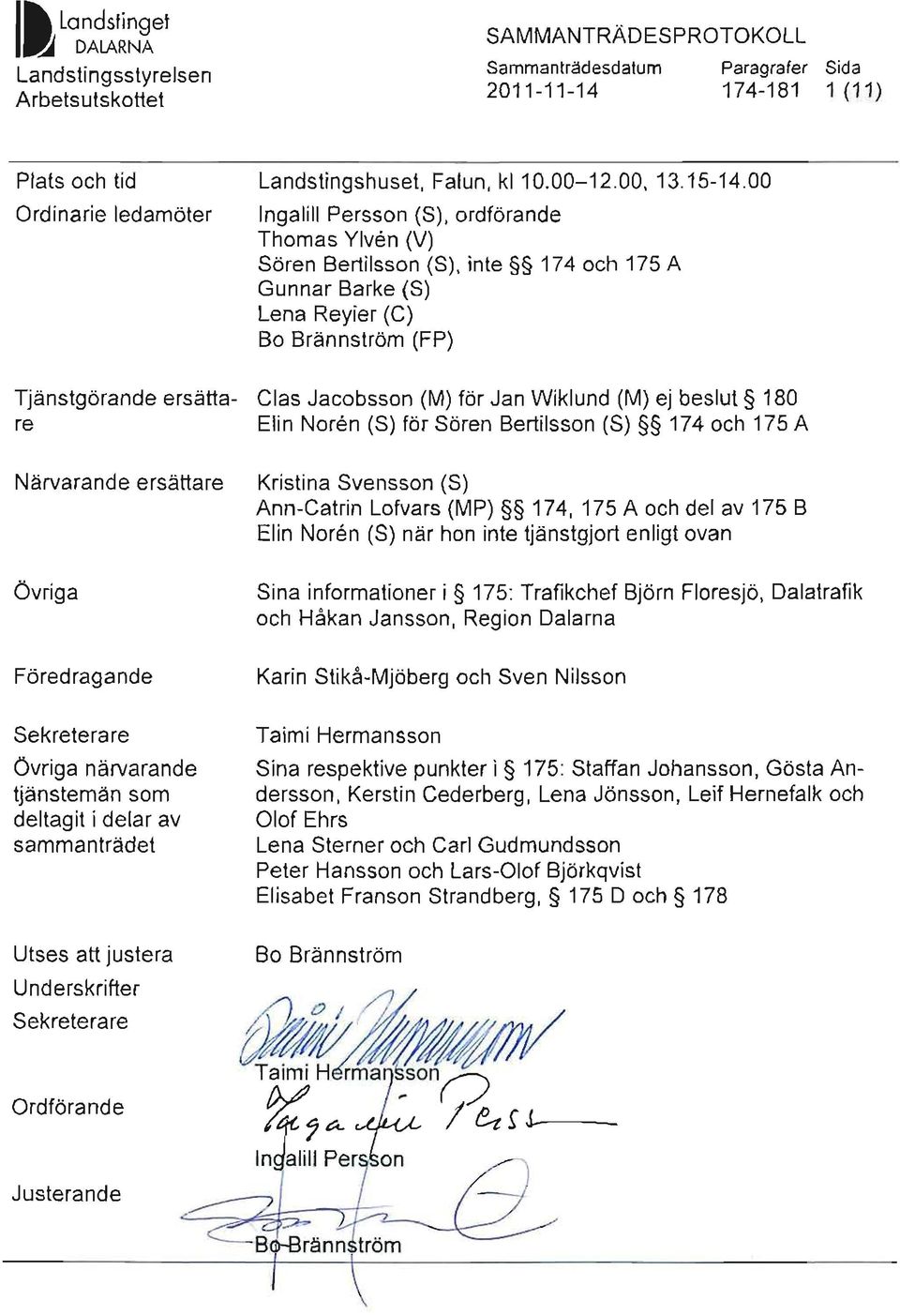 00 Ingaliil Perssn (S), rdförande Thmas Ylven (V) Sören Bertilssn (S), inte 174 ch 175 A Gunnar Barke (S) Lena Reyier (C) B Brännström (FP) Tjänstgörande ersättare Clas Jacbssn (M) för Jan Wik lund