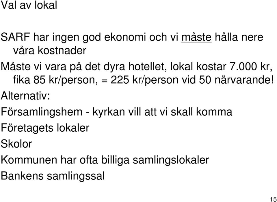 000 kr, fika 85 kr/person, = 225 kr/person vid 50 närvarande!