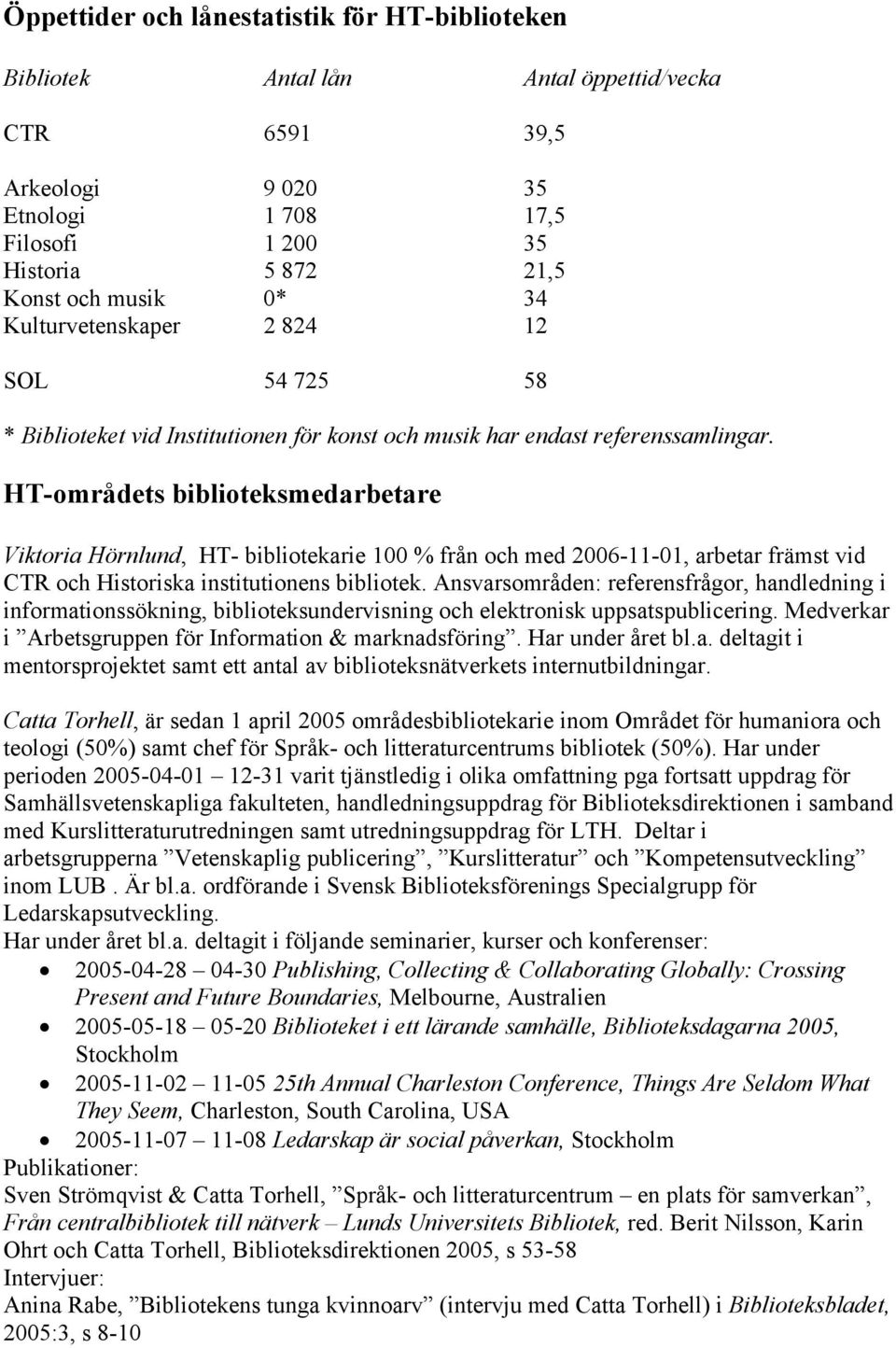 HT-områdets biblioteksmedarbetare Viktoria Hörnlund, HT- bibliotekarie 100 % från och med 2006-11-01, arbetar främst vid CTR och Historiska institutionens bibliotek.