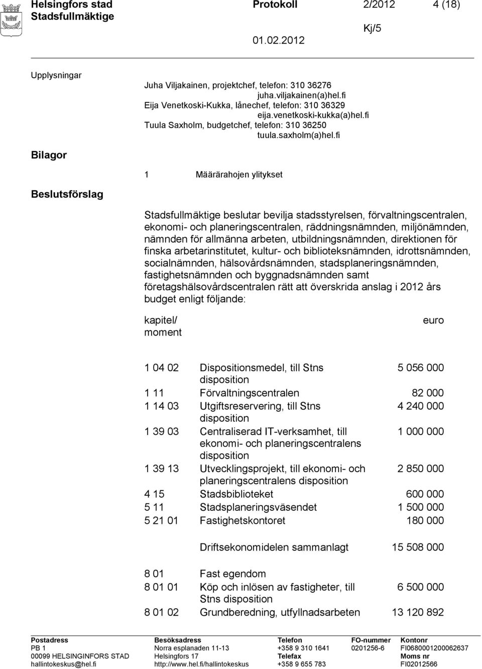 fi Bilagor 1 Määrärahojen ylitykset Beslutsförslag beslutar bevilja stadsstyrelsen, förvaltningscentralen, ekonomi- och planeringscentralen, räddningsnämnden, miljönämnden, nämnden för allmänna