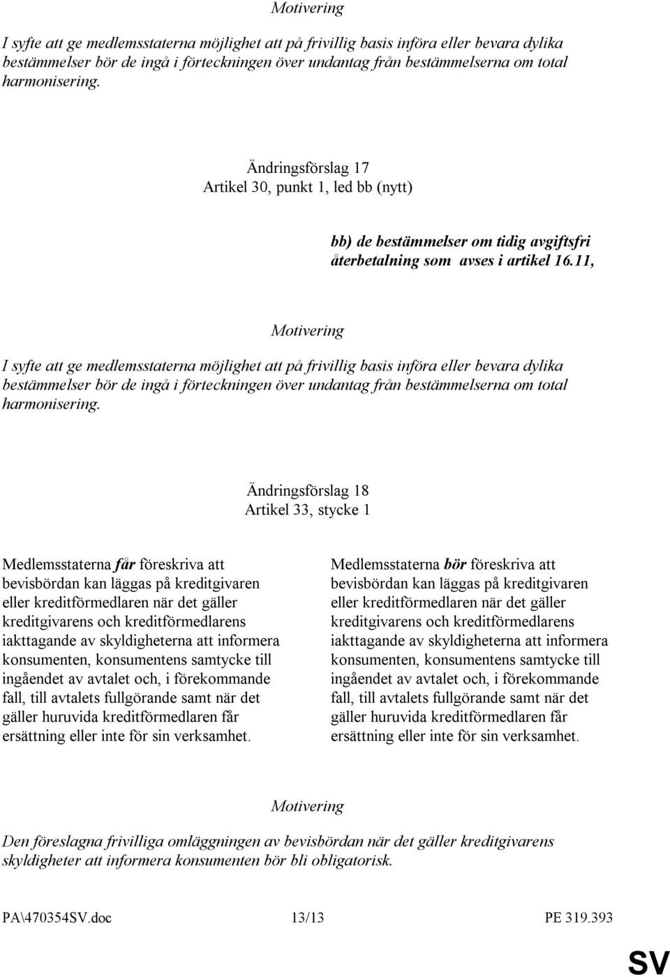 11,  Ändringsförslag 18 Artikel 33, stycke 1 Medlemsstaterna får föreskriva att bevisbördan kan läggas på kreditgivaren eller kreditförmedlaren när det gäller kreditgivarens och kreditförmedlarens