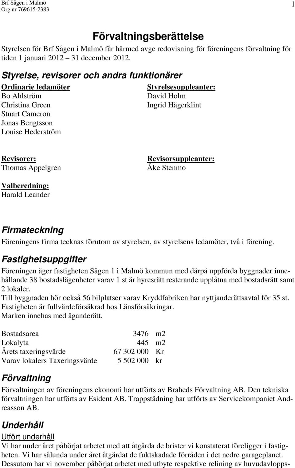 Revisorer: Revisorsuppleanter: Thomas Appelgren Åke Stenmo Valberedning: Harald Leander Firmateckning Föreningens firma tecknas förutom av styrelsen, av styrelsens ledamöter, två i förening.