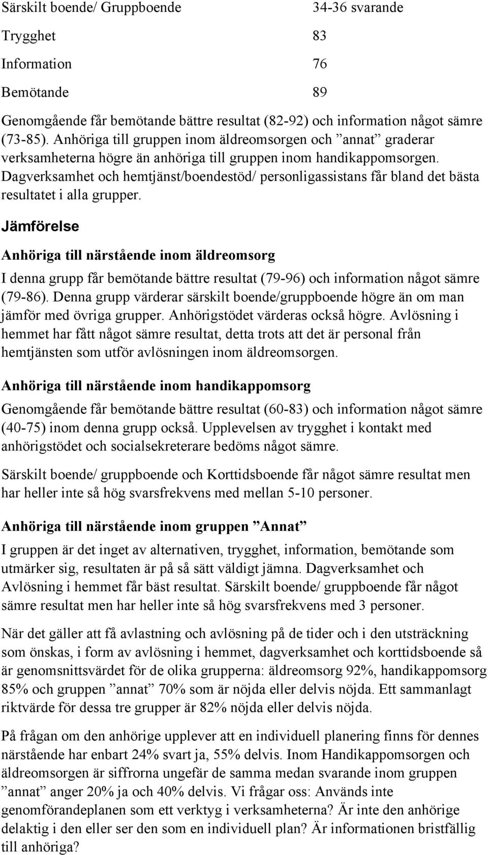 Dagverksamhet och hemtjänst/boendestöd/ personligassistans får bland det bästa resultatet i alla grupper.