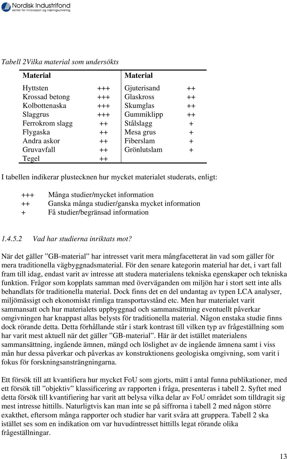 information ++ Ganska många studier/ganska mycket information + Få studier/begränsad information 1.4.5.2 Vad har studierna inriktats mot?