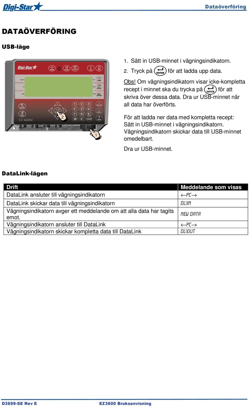 För att ladda ner data med kompletta recept: Sätt in USB-minnet i vägningsindikatorn. Vägningsindikatorn skickar data till USB-minnet omedelbart. Dra ur USB-minnet.