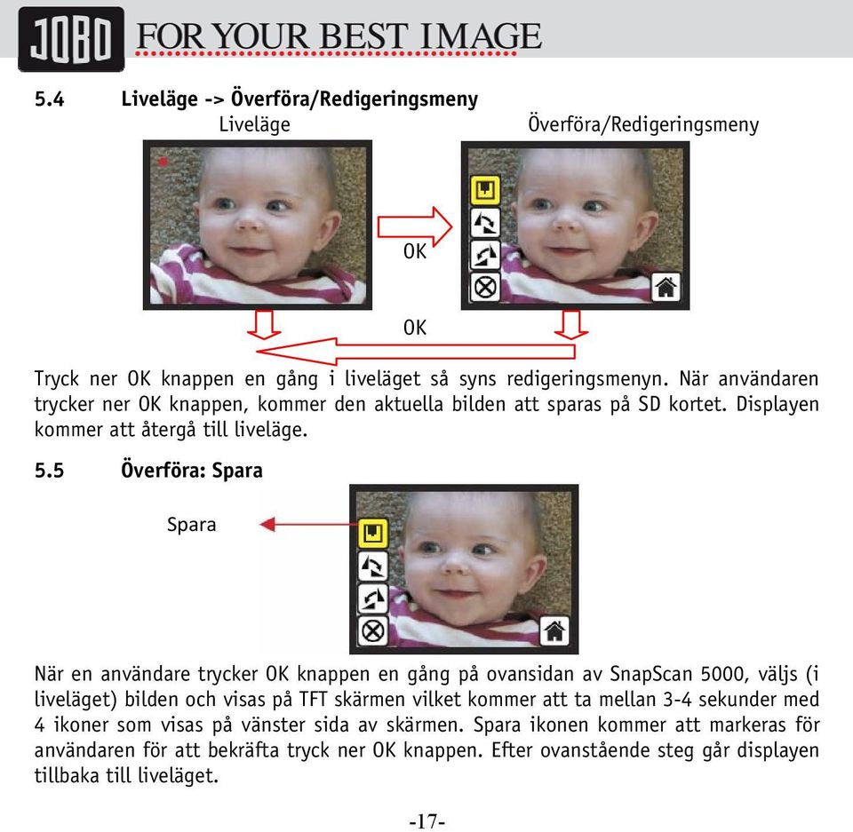 5 Överföra: Spara Spara När en användare trycker OK knappen en gång på ovansidan av SnapScan 5000, väljs (i liveläget) bilden och visas på TFT skärmen vilket kommer att