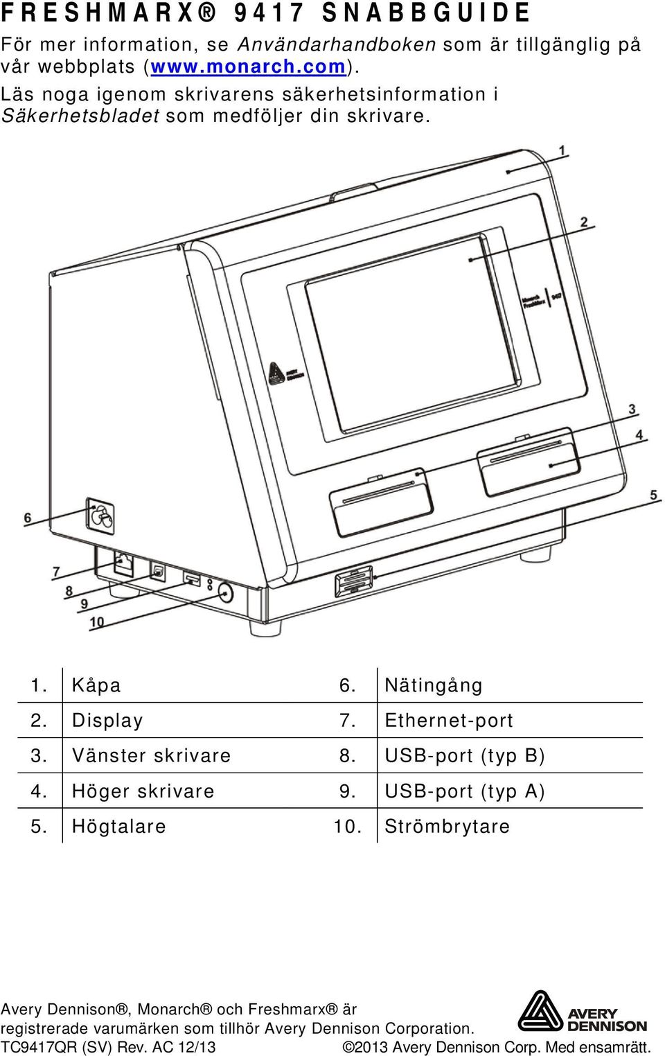 Ethernet-port 3. Vänster skrivare 8. USB-port (typ B) 4. Höger skrivare 9. USB-port (typ A) 5. Högtalare 10.