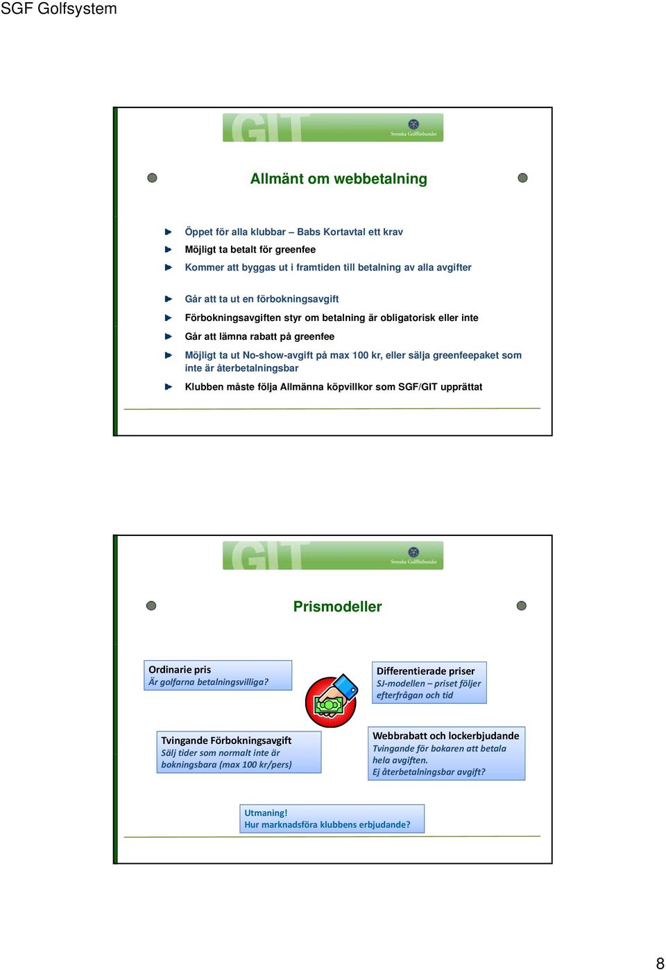 återbetalningsbar Klubben måste följa Allmänna köpvillkor som SGF/GIT upprättat Prismodeller Ordinarie pris Är golfarna betalningsvilliga?