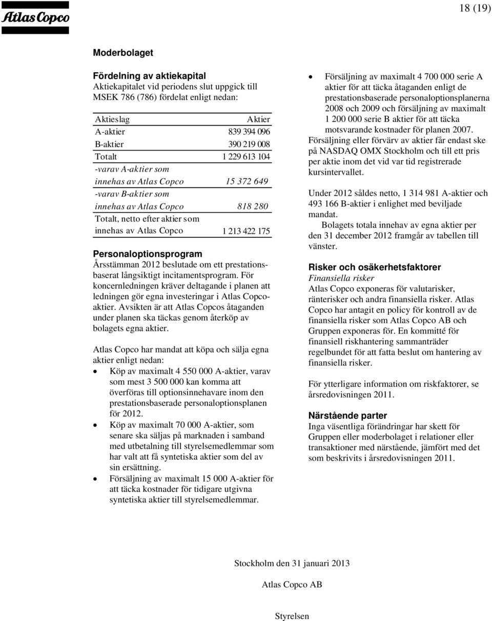 Personaloptionsprogram Årsstämman 2012 beslutade om ett prestationsbaserat långsiktigt incitamentsprogram.