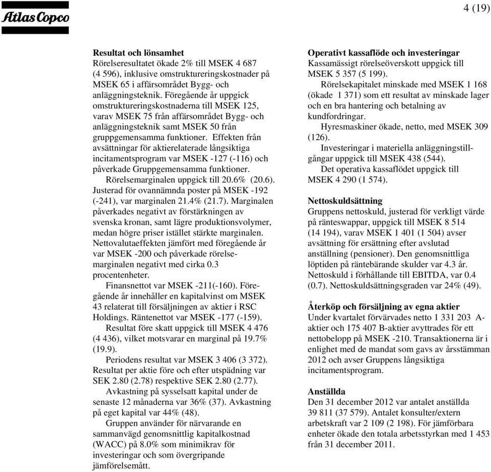 Effekten från avsättningar för aktierelaterade långsiktiga incitamentsprogram var MSEK -127 (-116) och påverkade Gruppgemensamma funktioner. Rörelsemarginalen uppgick till 20.6% (20.6). Justerad för ovannämnda poster på MSEK -192 (-241), var marginalen 21.