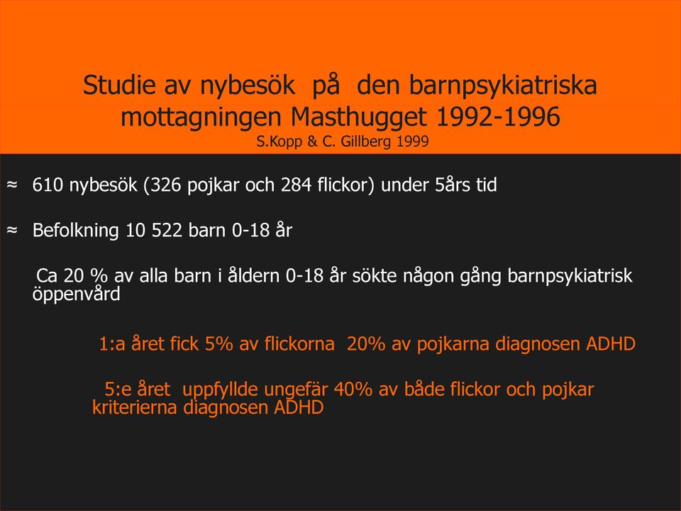 20 % av alla barn i åldern 0-18 år sökte någon gång barnpsykiatrisk öppenvård 1:a året fick 5% av