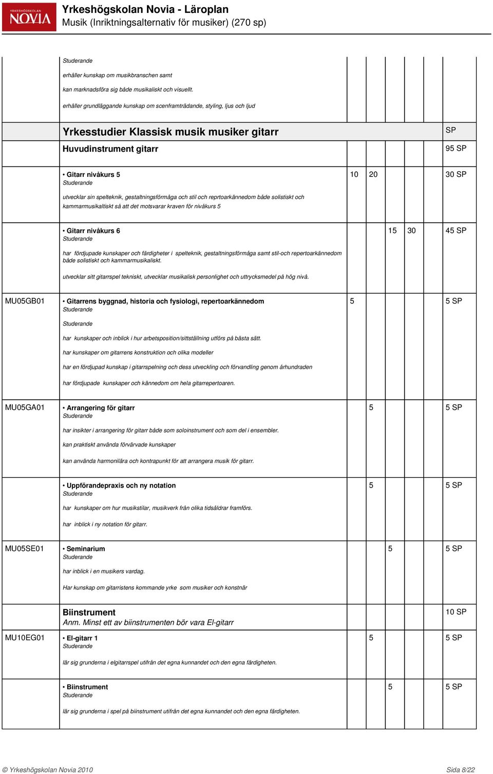 spelteknik, gestaltningsförmåga och stil och reprtoarkännedom både solistiskt och kammarmusikaltiskt så att det motsvarar kraven för nivåkurs 5 Gitarr nivåkurs 6 15 30 45 SP har fördjupade kunskaper