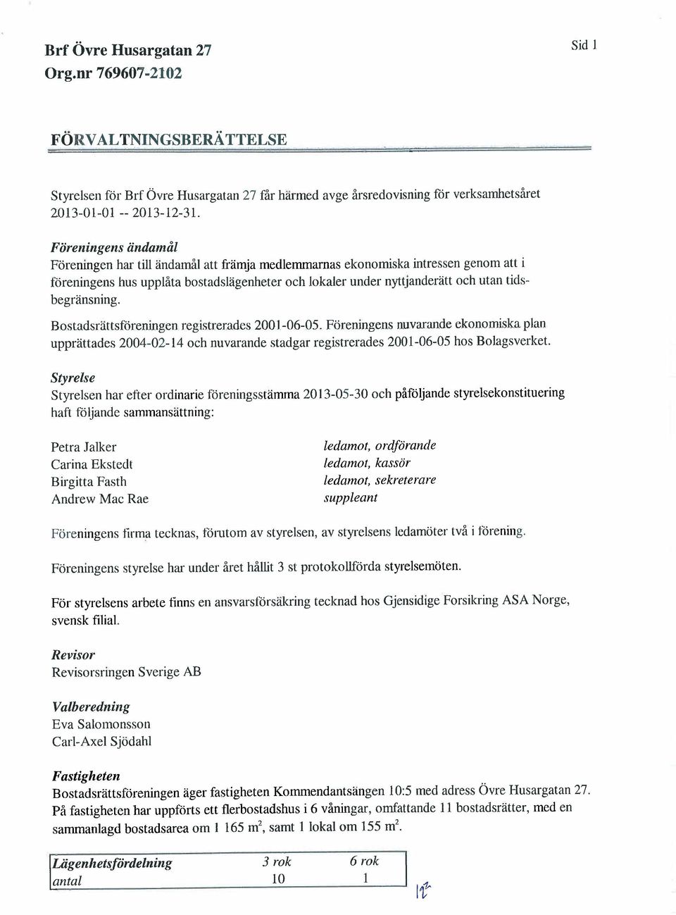 Bstadsrättsföreningen registrerades 200 I -06-05. Föreningens nuvarande eknmiska plan upprättades 2004-02-14 eh nuvarande stadgar registrerades 2001-06-05 hs Blagsverket.