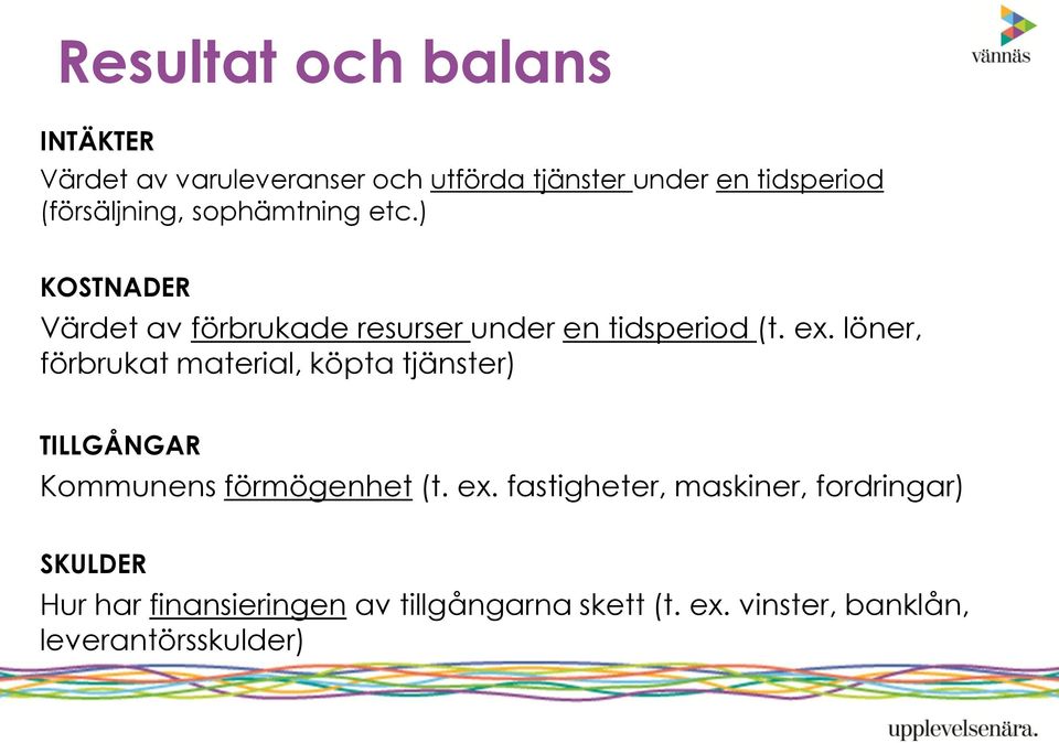 löner, förbrukat material, köpta tjänster) TILLGÅNGAR Kommunens förmögenhet (t. ex.