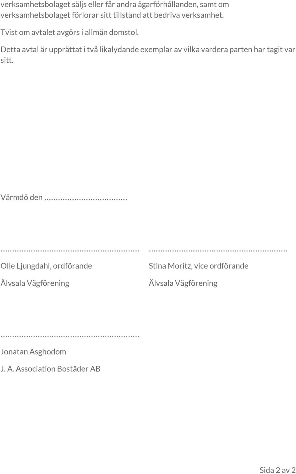 Detta avtal är upprättat i två likalydande exemplar av vilka vardera parten har tagit var sitt.