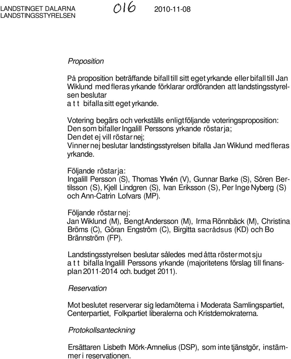 Votering begärs och verkställs enligtföljande voteringsproposition: Den som bifaller ngalill Perssons yrkande röstarja; Den det ej vill röstar nej; Vinner nej beslutar landstingsstyrelsen bifalla Jan