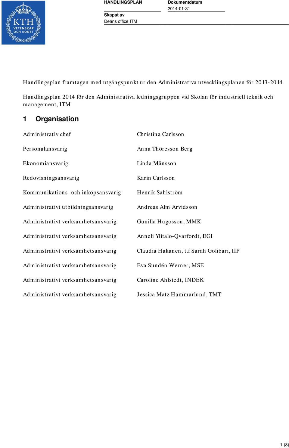 Kommunikations- och inköpsansvarig Administrativt utbildningsansvarig Christina Carlsson Anna Thöresson Berg Linda Månsson Karin Carlsson Henrik Sahlström Andreas Alm