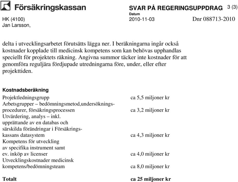 Angivna summor täcker inte kostnader för att genomföra reguljära fördjupade utredningarna före, under, eller efter projekttiden.