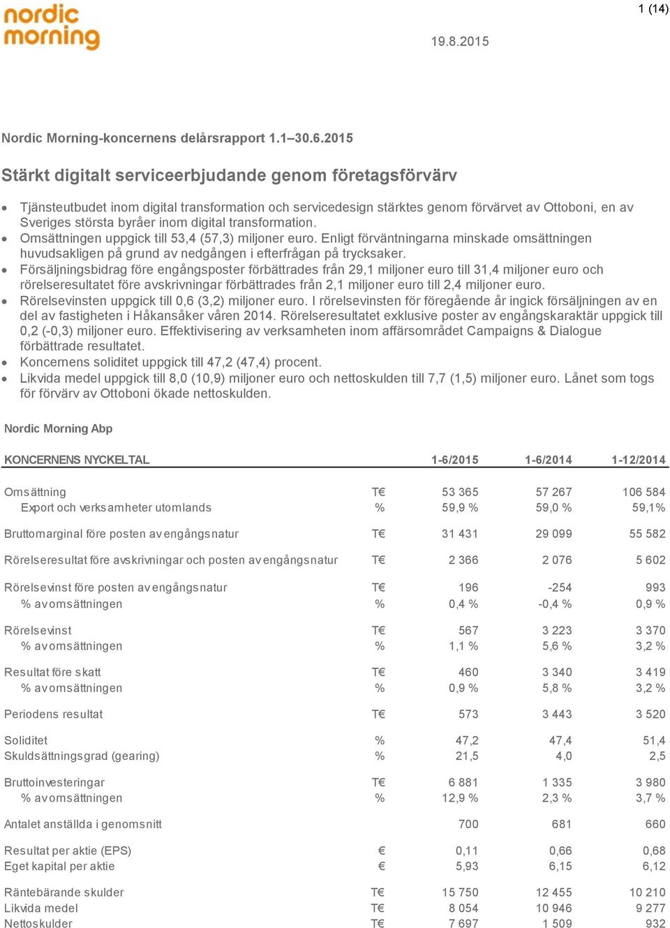 digital transformation. Omsättningen uppgick till 53,4 (57,3) miljoner euro. Enligt förväntningarna minskade omsättningen huvudsakligen på grund av nedgången i efterfrågan på trycksaker.