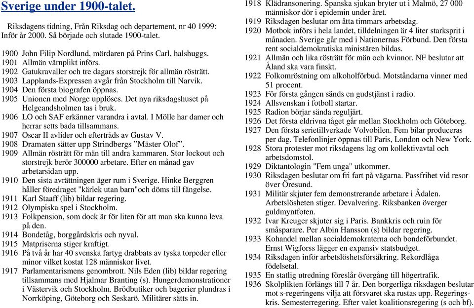 1905 Unionen med Norge upplöses. Det nya riksdagshuset på Helgeandsholmen tas i bruk. 1906 LO och SAF erkänner varandra i avtal. I Mölle har damer och herrar setts bada tillsammans.